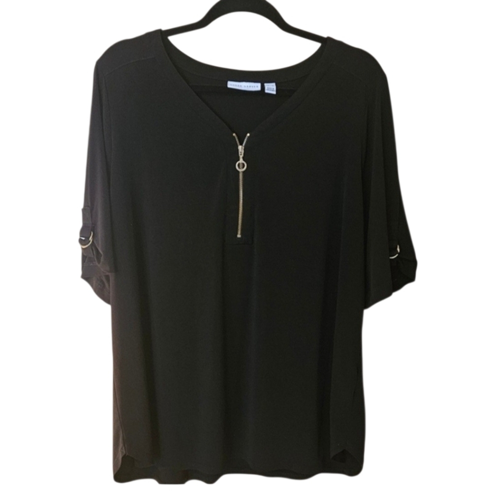 Gold Zipper Detail Black Top QVC Blouse